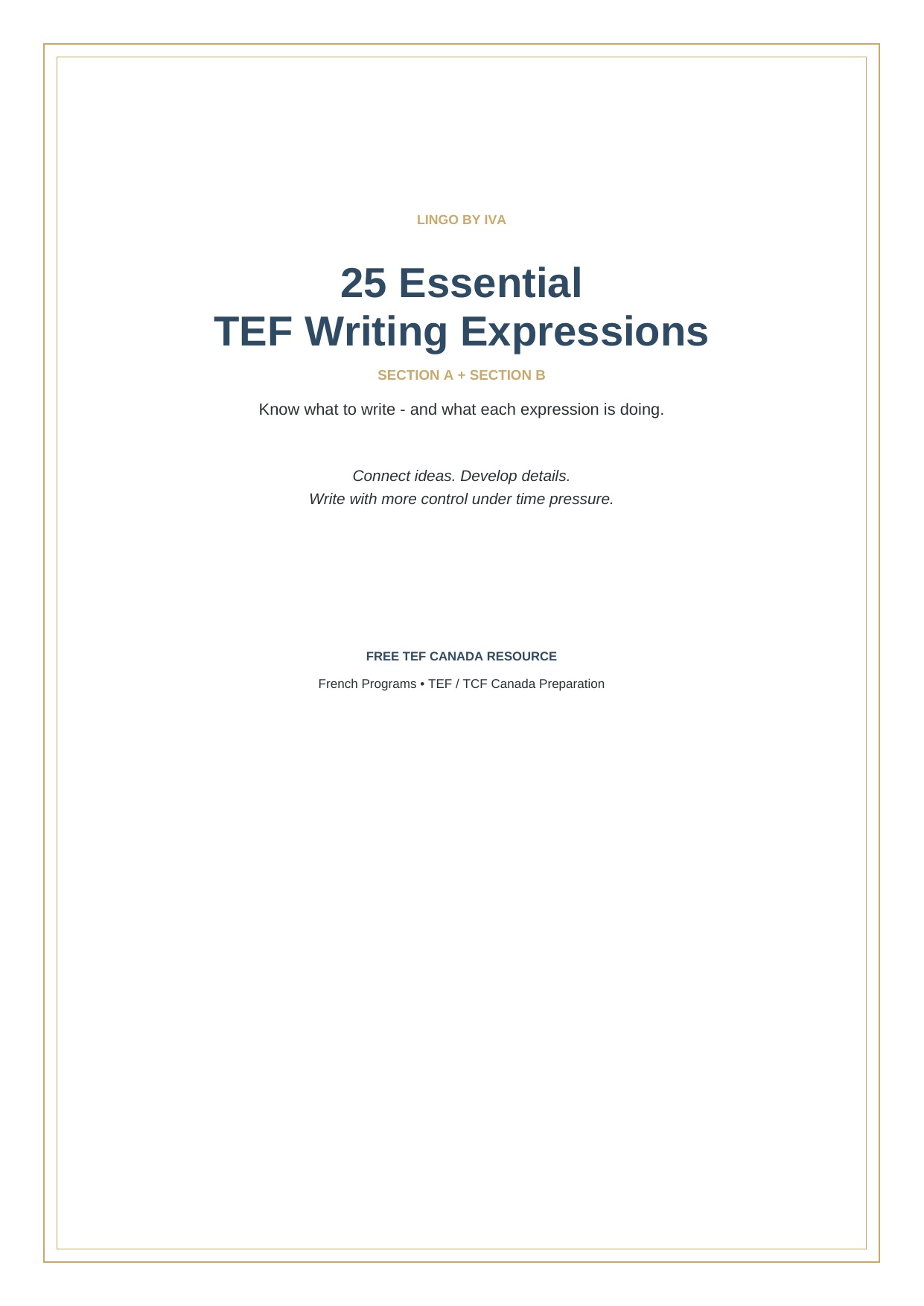 Cover of 25 Essential TEF Writing Expressions, a free PDF guide from Lingo by Iva.