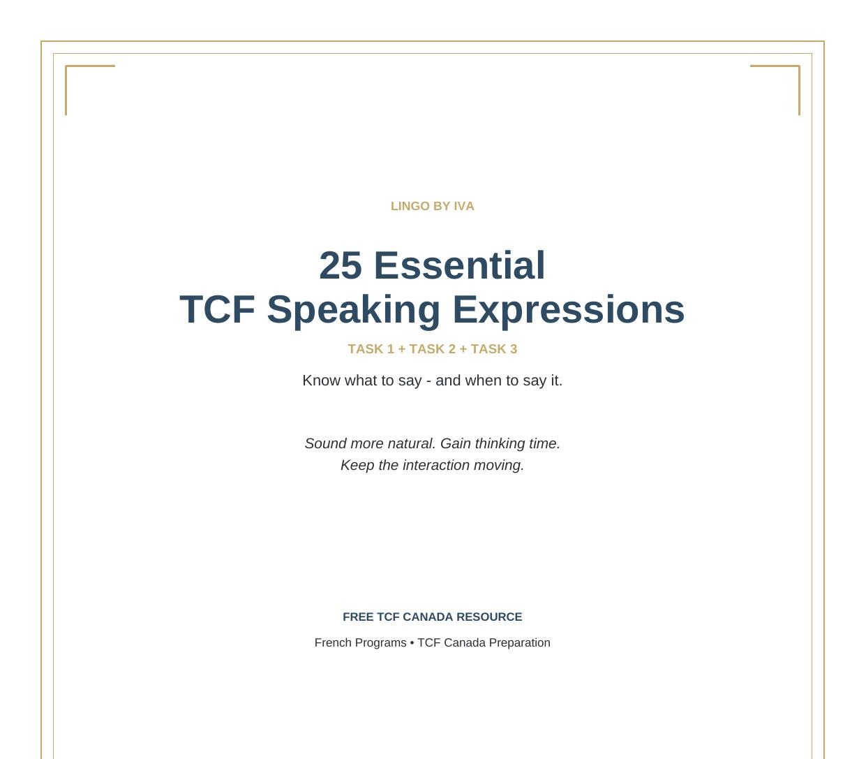 Cover of 25 Essential TCF Speaking Expressions, a free PDF guide from Lingo by Iva.